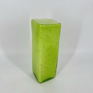 Tall Green Art Glass Vase Square Hand Blown Style Speckled Modern 9.75”